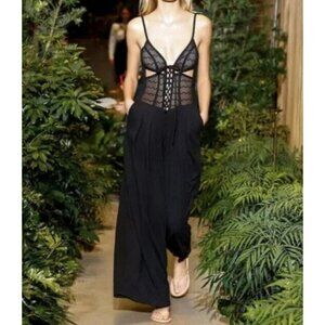Pat-Bo Black Lace Crepe Corset Cutout Mesh Fishnet Jumpsuit Wide-Leg Pants 6